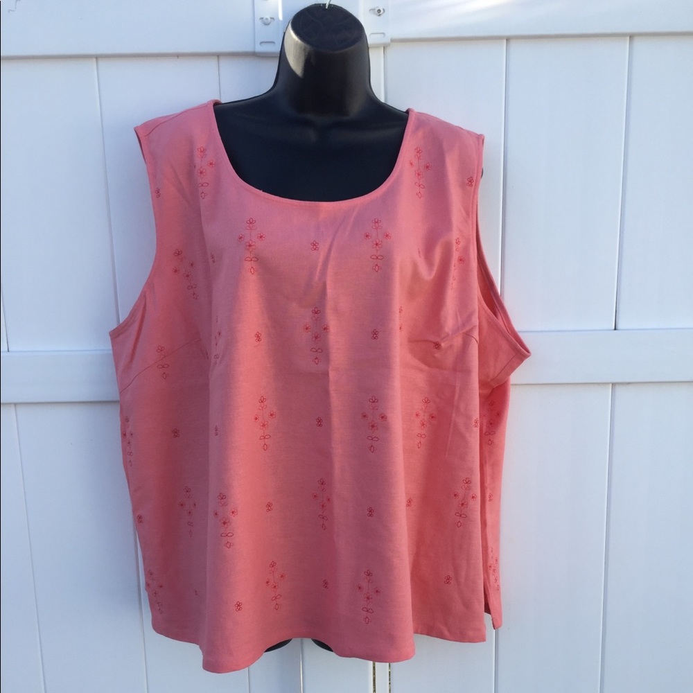 Denim & Co. Sleeveless Coral Embroidery Top. 3X